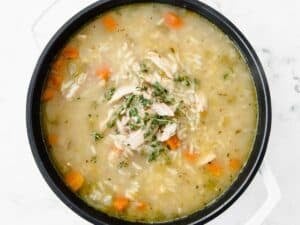 chicken and rice soup in a pot
