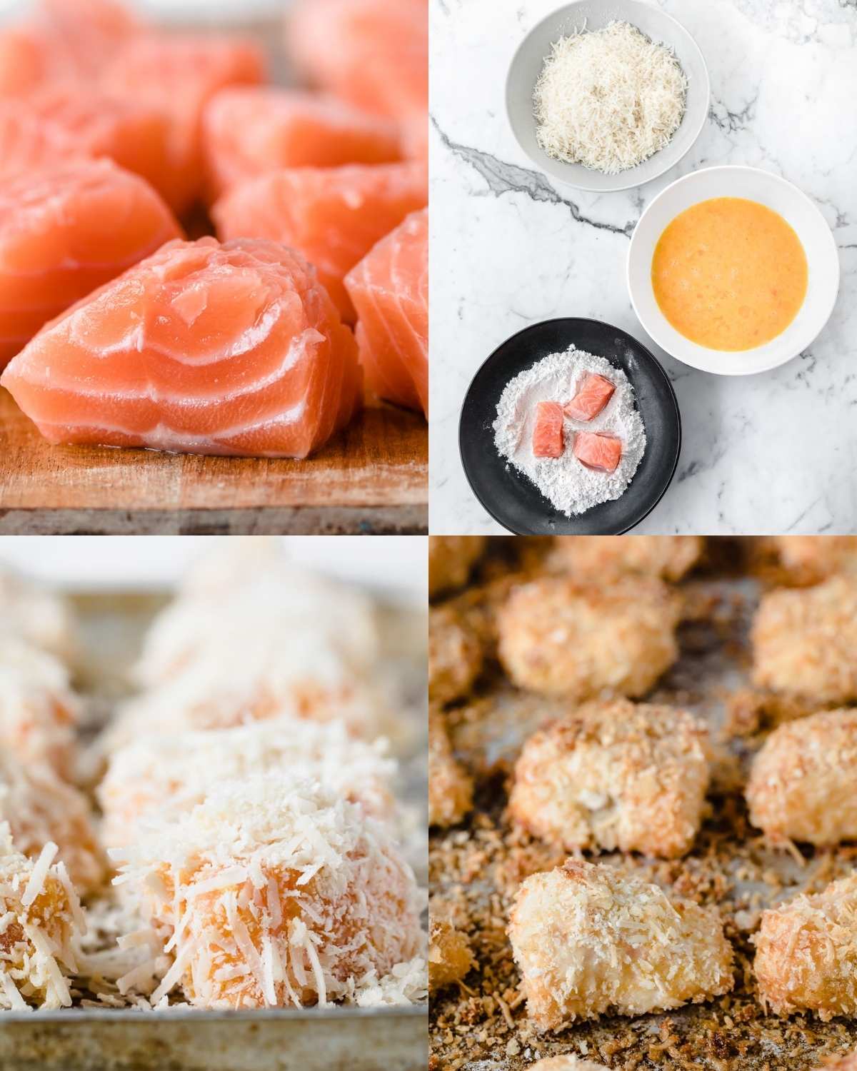 top left: cubed raw salmon, top right: salmon pieces coated in flour, egg, and parmesan cheese, bottom left: breaded salmon nuggets on a baking sheet, bottom right: crispy baked salmon nuggets.