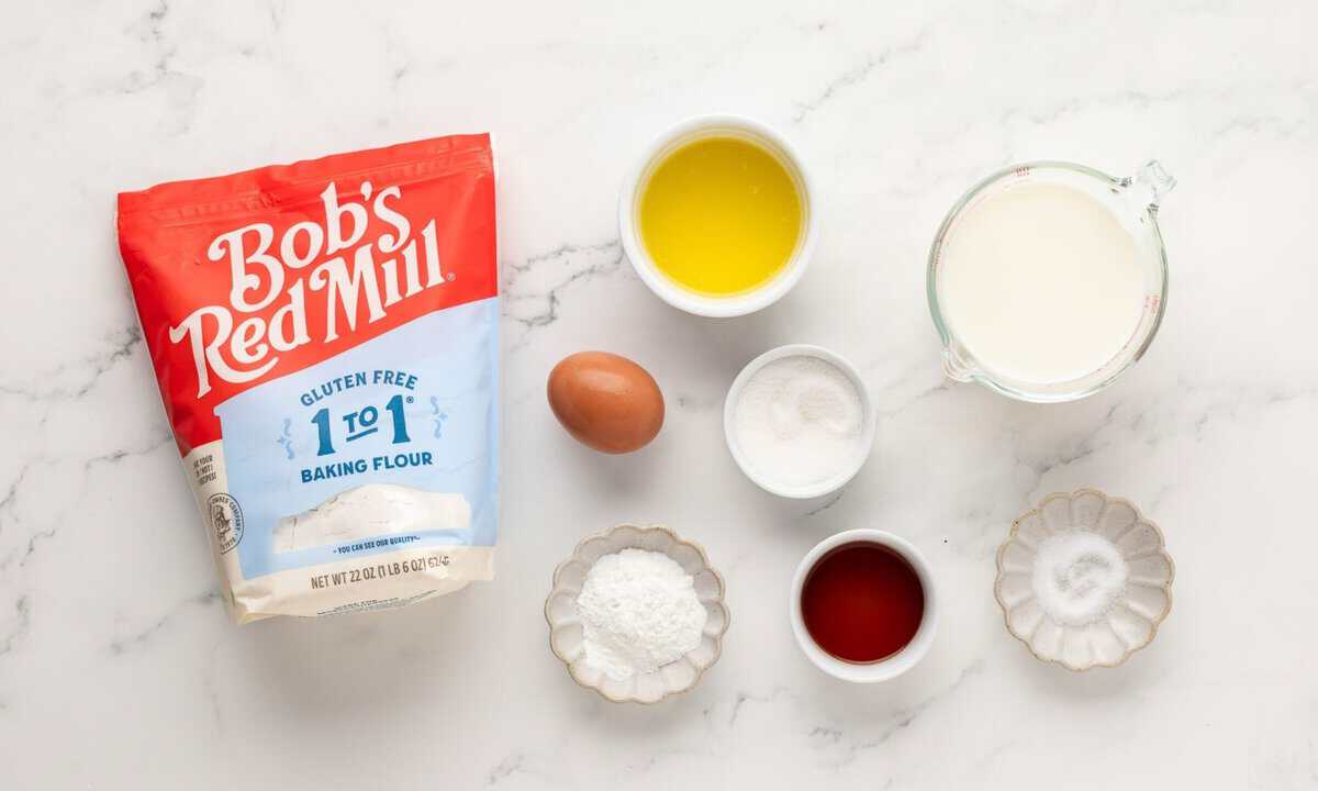 gluten free flour, melted butter, egg, milk, vanilla, sugar, salt and baking powder
