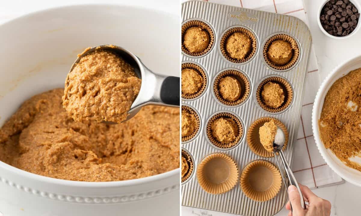 left: pumpkin protein muffin batter; right: a hand filling a muffin pan qith the batter