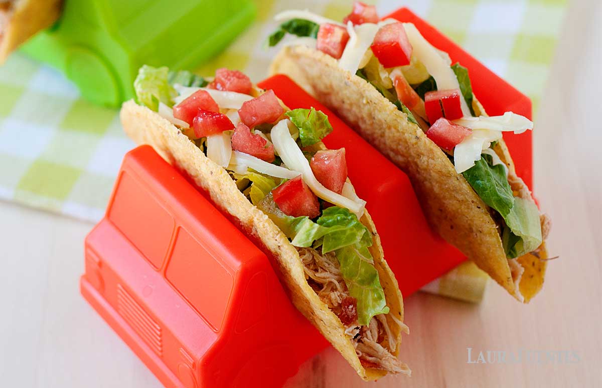 salsa chicken tacos in truck shaped taco holders