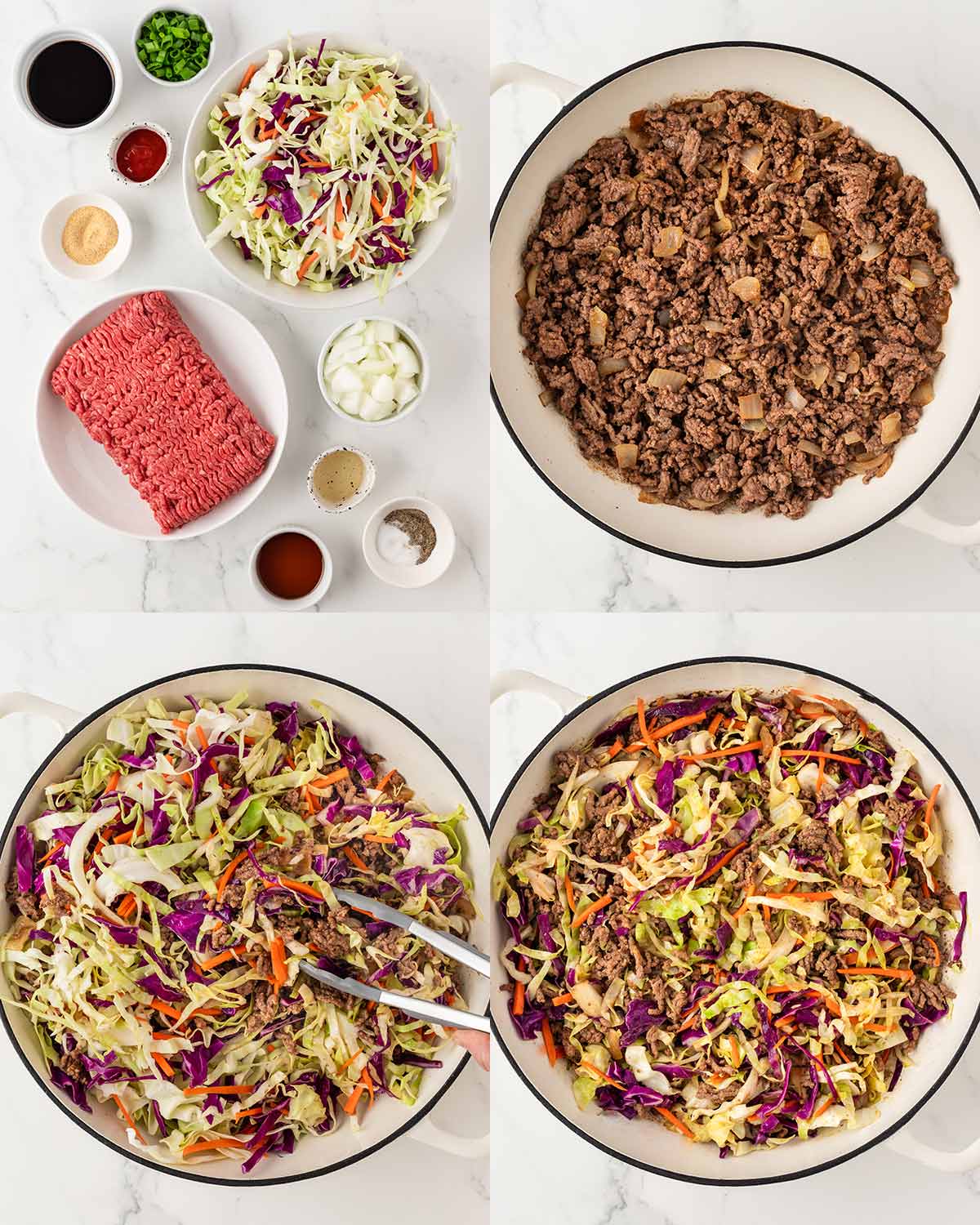 steps to make the recipe of an egg roll in a bowl. top left are the ingredients, top right is the ground beef, bottom left is the veggies in the skillet and the meat back on there, and on the right it's after the meat has been mixed with the veggies.
