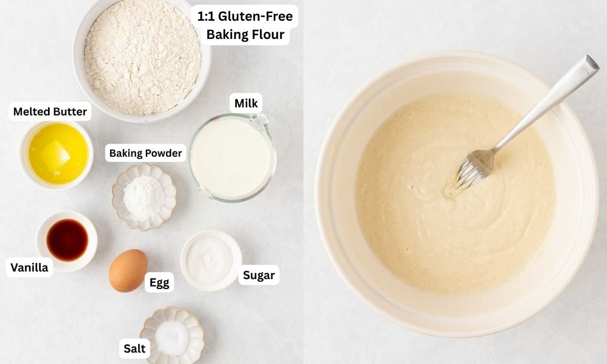 2 image collage side by side. left shows labeled ingredients to make gluten free pancakes from scratch. On the right, is the batter bowl mixed.