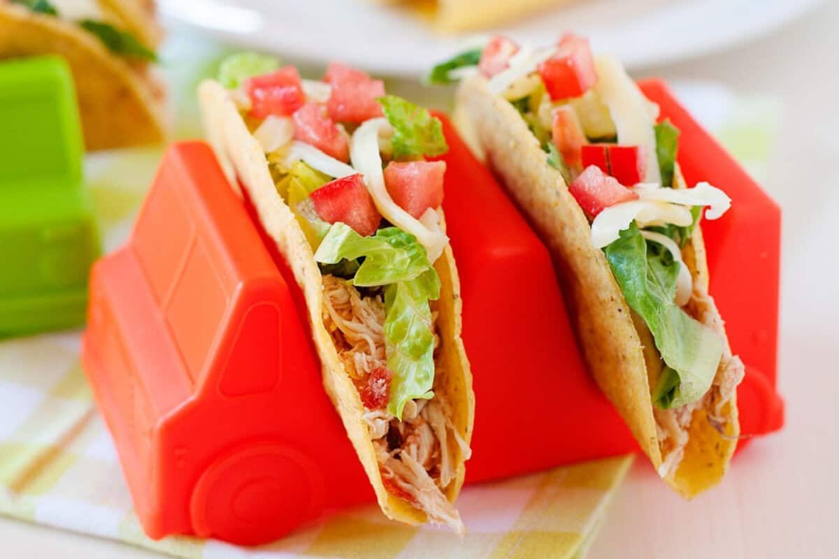 salsa chicken tacos in truck shaped taco holders