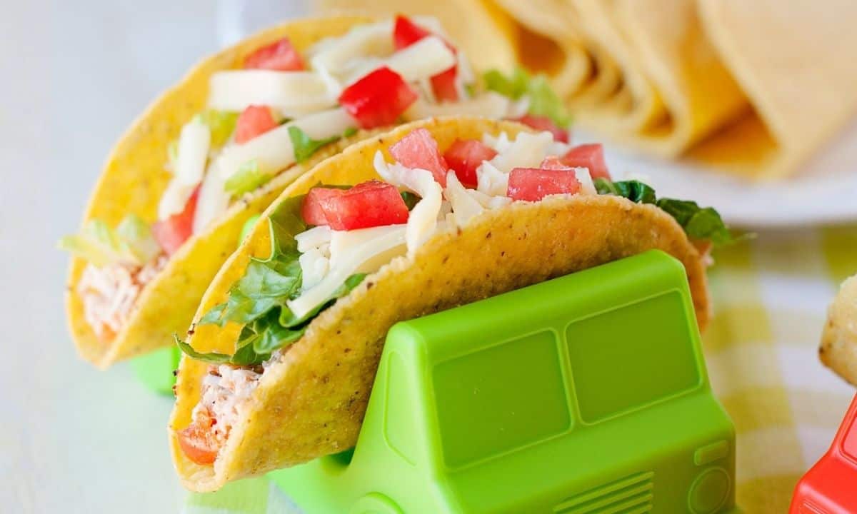 salsa chicken tacos in truck shaped taco holder