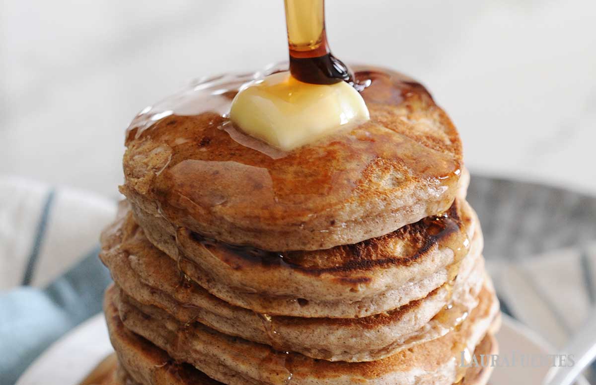 large stack of cinnamon pancakes