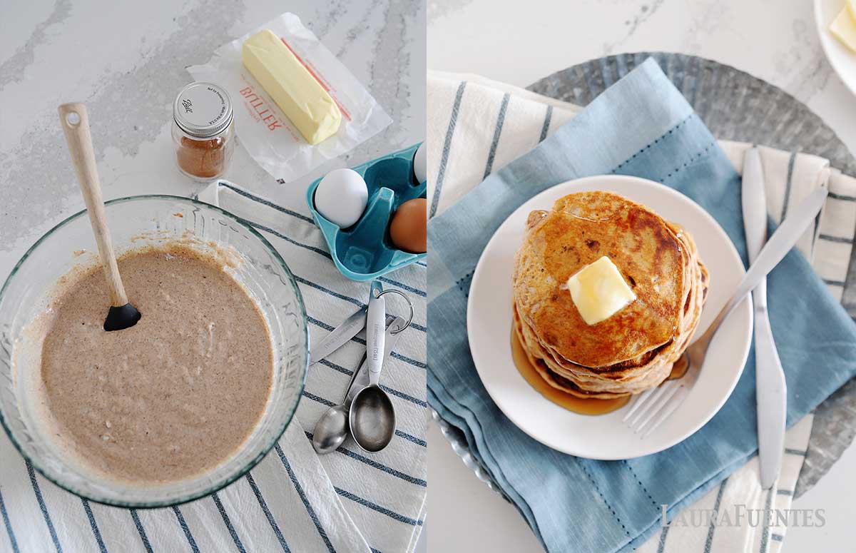 side by side images, on the right: cinnamon pancake batter in the making, on the left: overhead view of stack of pancakes