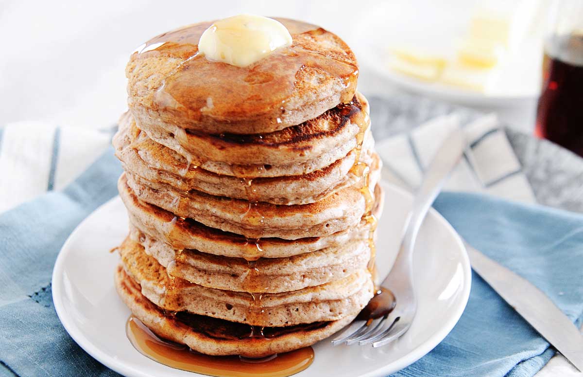 large stack of cinnamon pancakes