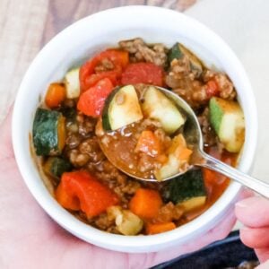 top view of a bowl of all meat and veggies paleo chili