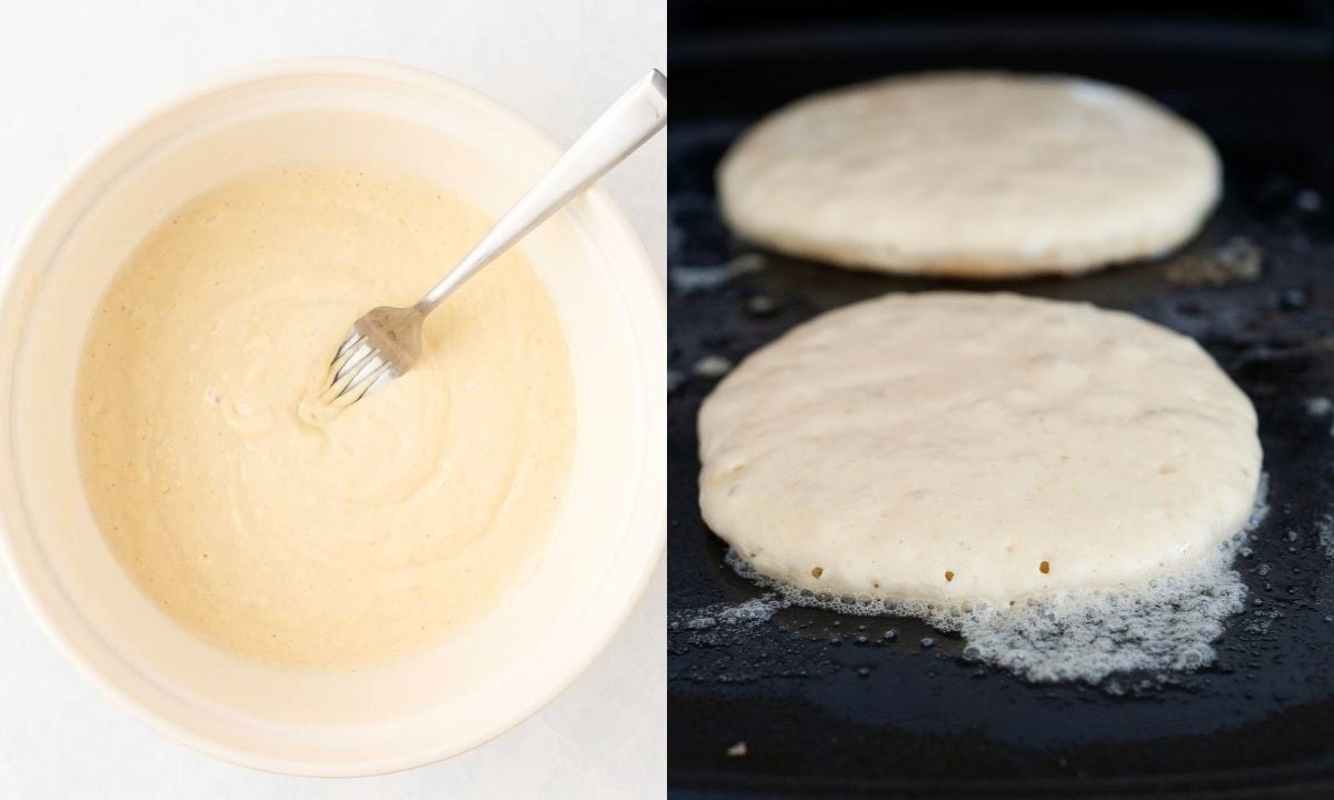 side by side image of cassava flour batter in a bowl on the left and cooking the pancakes on the right