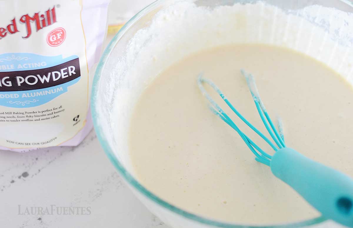 making of cassava flour pancakes, pancake butter in a glass bowl