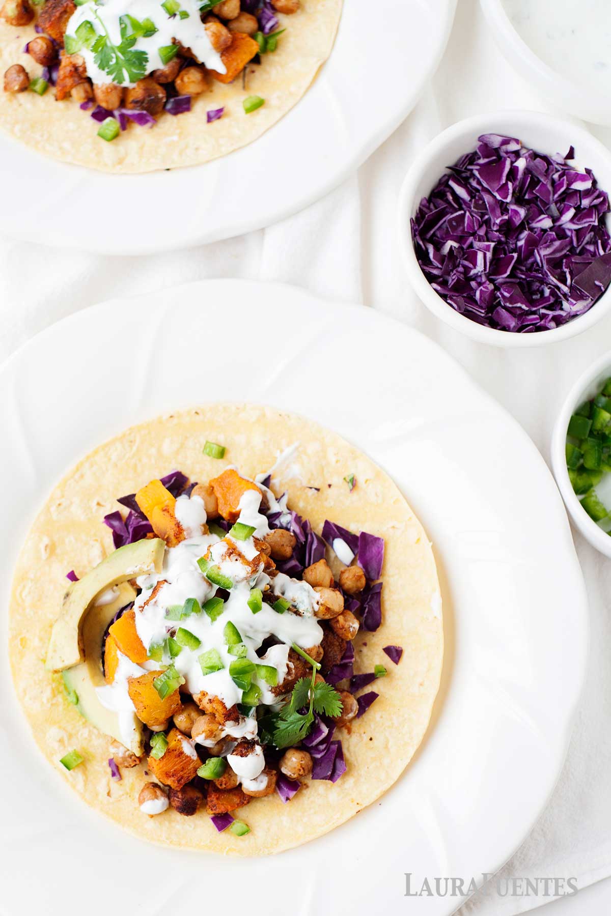 overhead view of a Roasted Chickpea and Butternut Squash Taco on a plate