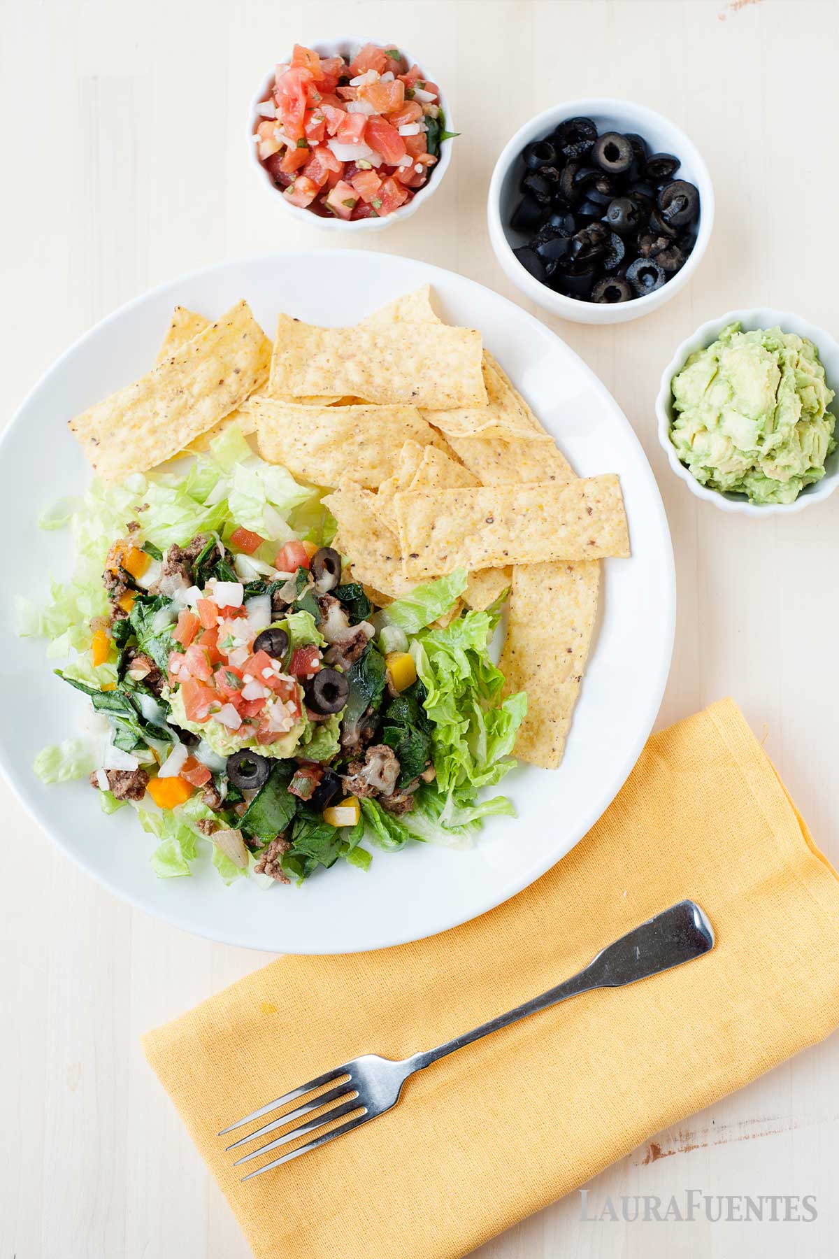 overhead view of taco skillet on a white plate surrounded by taco toppings