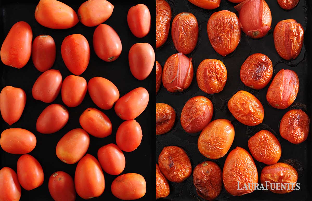 side by side images: on the left: image: freshly washed roma tomatoes laid out on a roasting pan, on the right: image: Roma tomatoes roasting on a pan