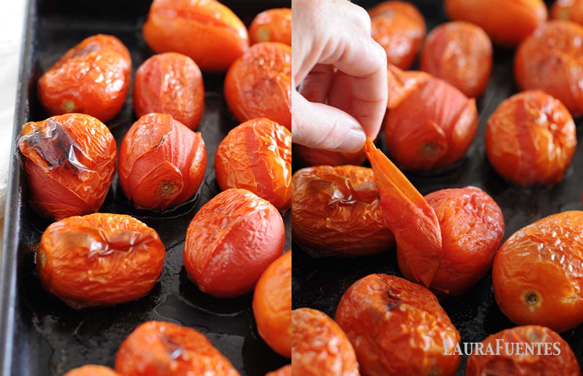 side by side images: on the left: image: Roma tomatoes roasting on a pan, on the right: image: hand peeling skin off of roasted roma tomatoes