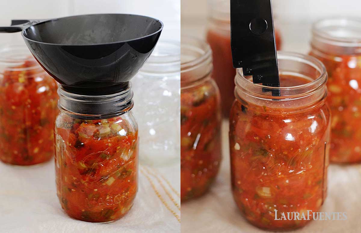 side by side images, on the left: a black funnel on top of a mason jar filled with freshly made red salsa, on the right: tool wiping down rim of canning jar with red salsa inside it