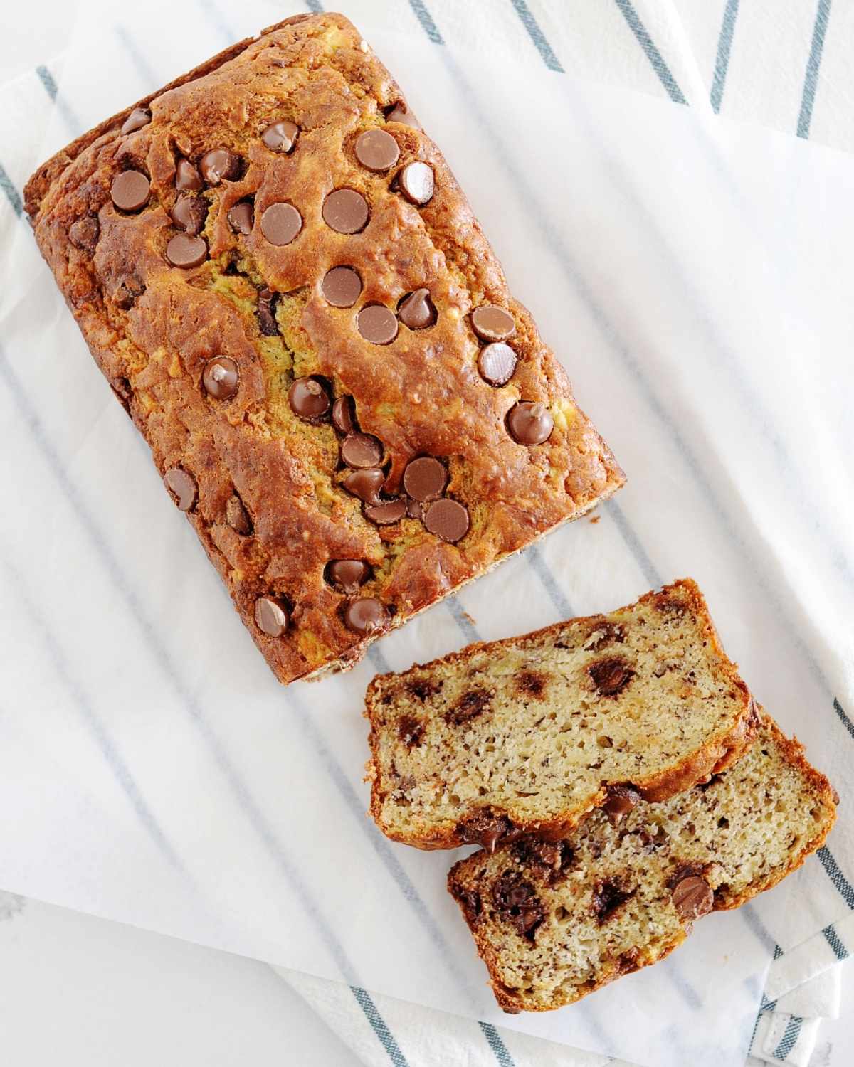 top view of chocolate chip banana bread sliced
