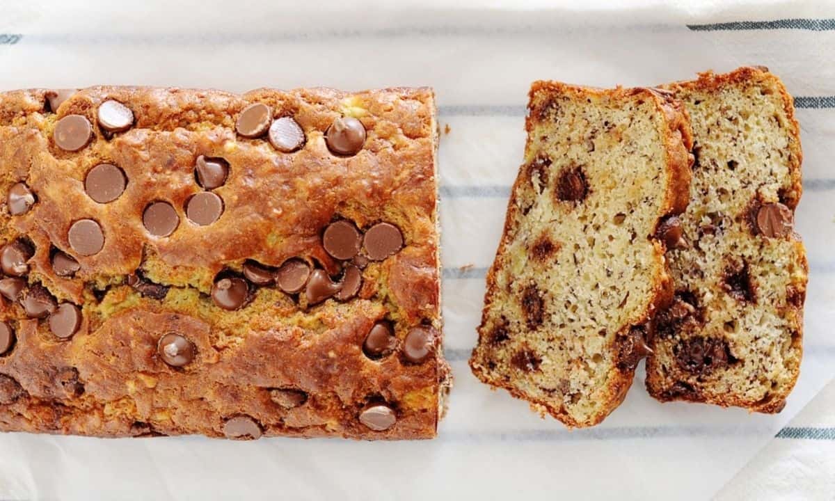 overhead view of chocolate chip banana bread sliced