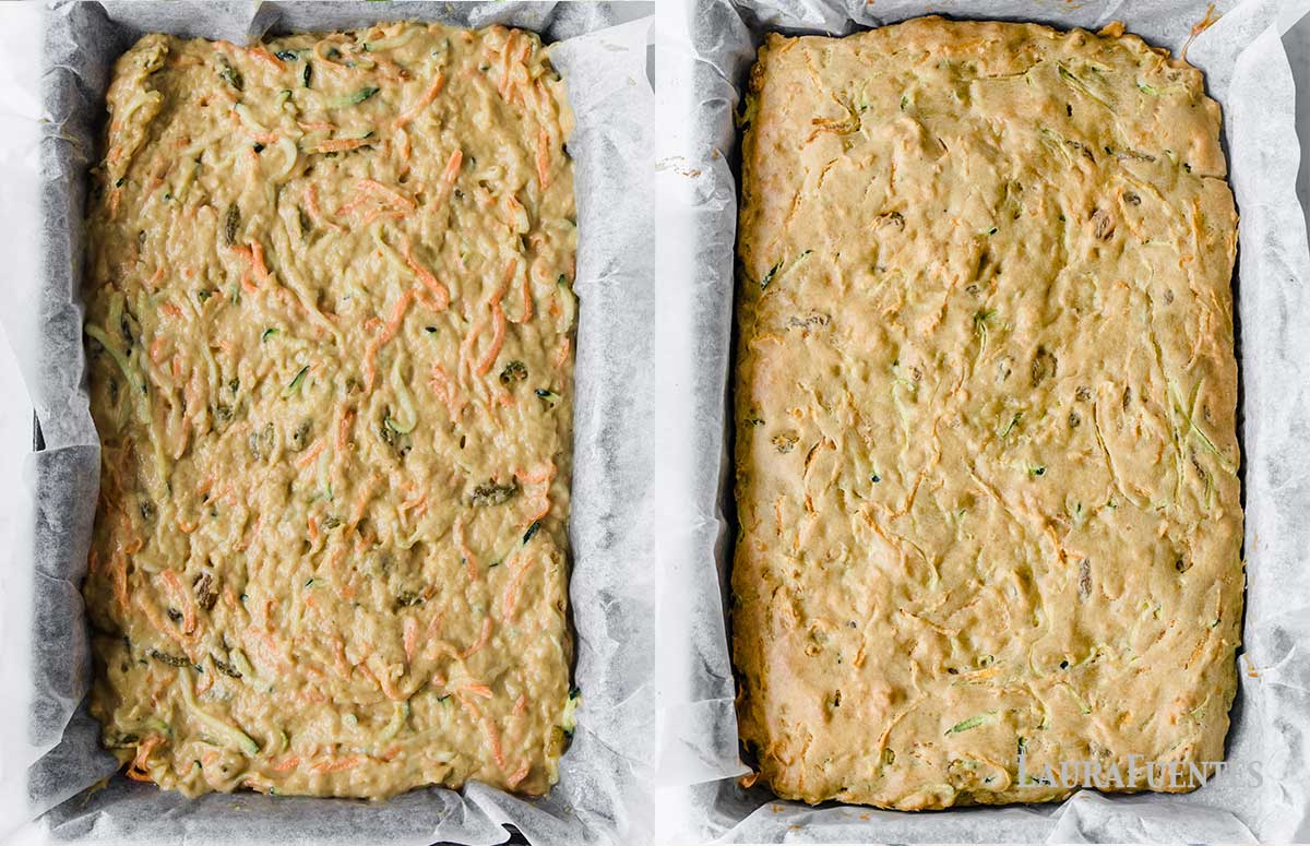 side by side images of zucchini bar loaf before and after baking