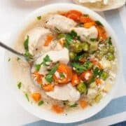 overhead view of chicken pot pie soup in a bowl