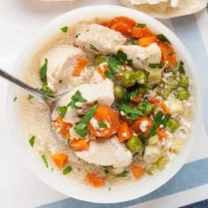 overhead view of chicken pot pie soup in a bowl