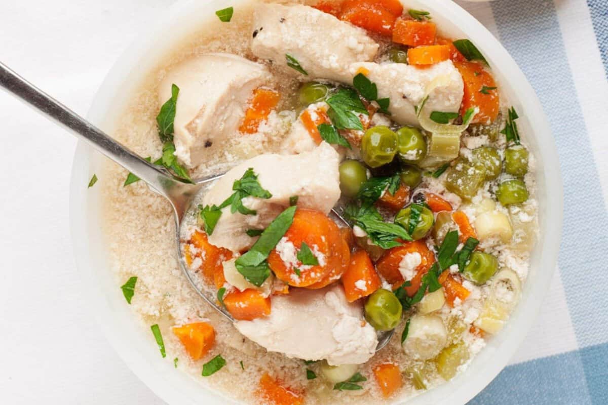 overhead view of chicken pot pie soup in a bowl