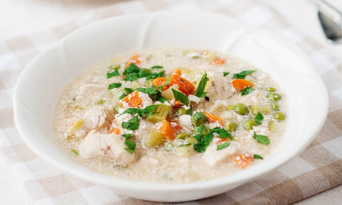 a bowl with chicken pot pie soup