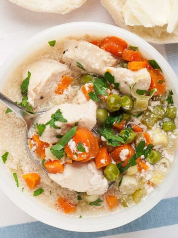 overhead view of chicken pot pie soup in a bowl