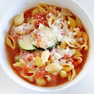 top view of vegetarian minestrone in a bowl