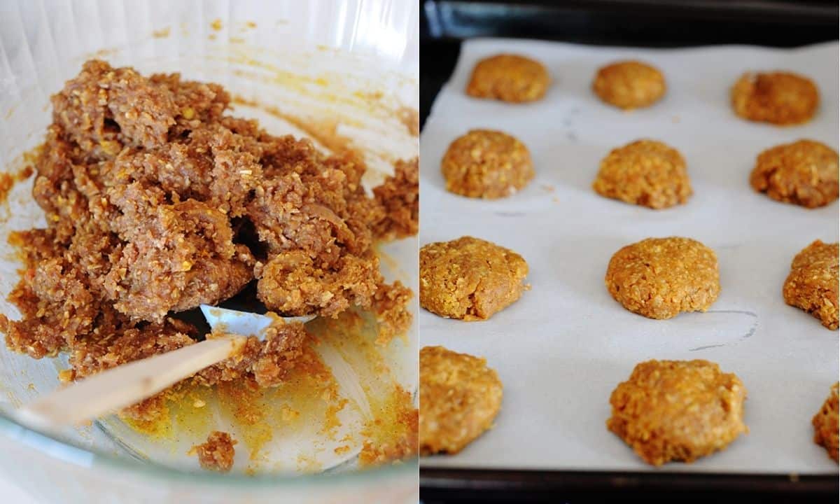 left: pumpkin cookie dough in a bowl; right: dough shaped into cookies in a lined baking sheet