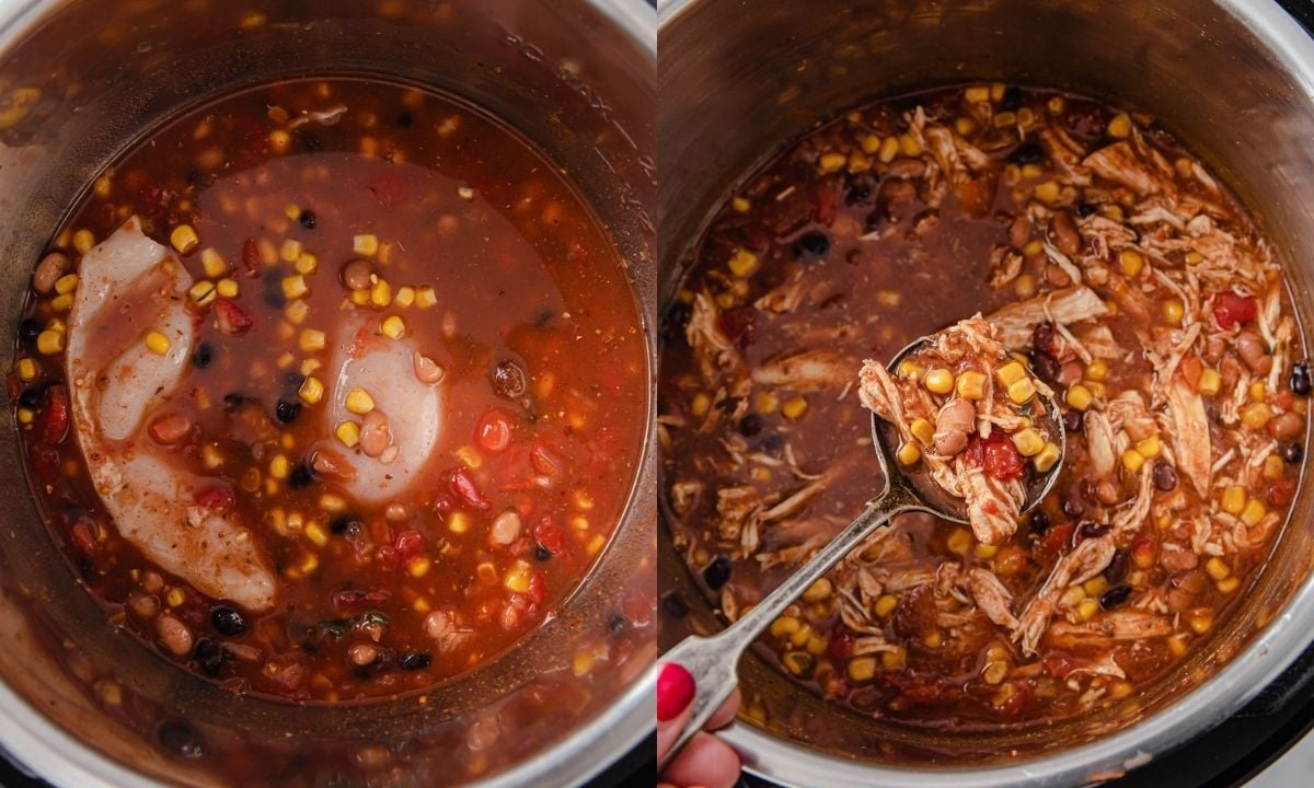 Side-by-side view of slow cooker chicken taco soup before and after cooking, showing raw chicken with beans, corn, tomatoes, and shredded chicken in the finished soup.