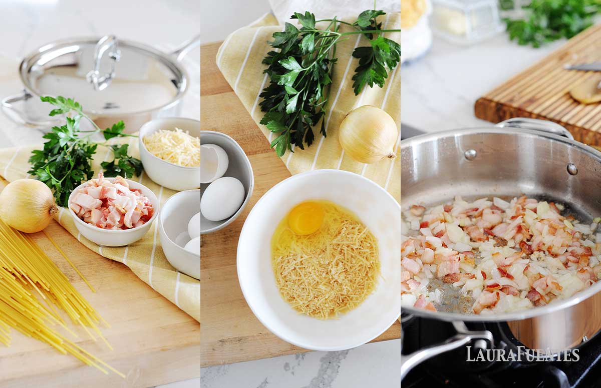 collage of ingredients and steps for making spaghetti carbonara