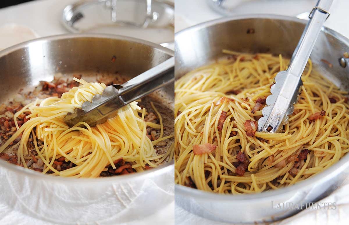 two side by side images mixing the pasta in the skillet with bacon for spaghetti carbonara