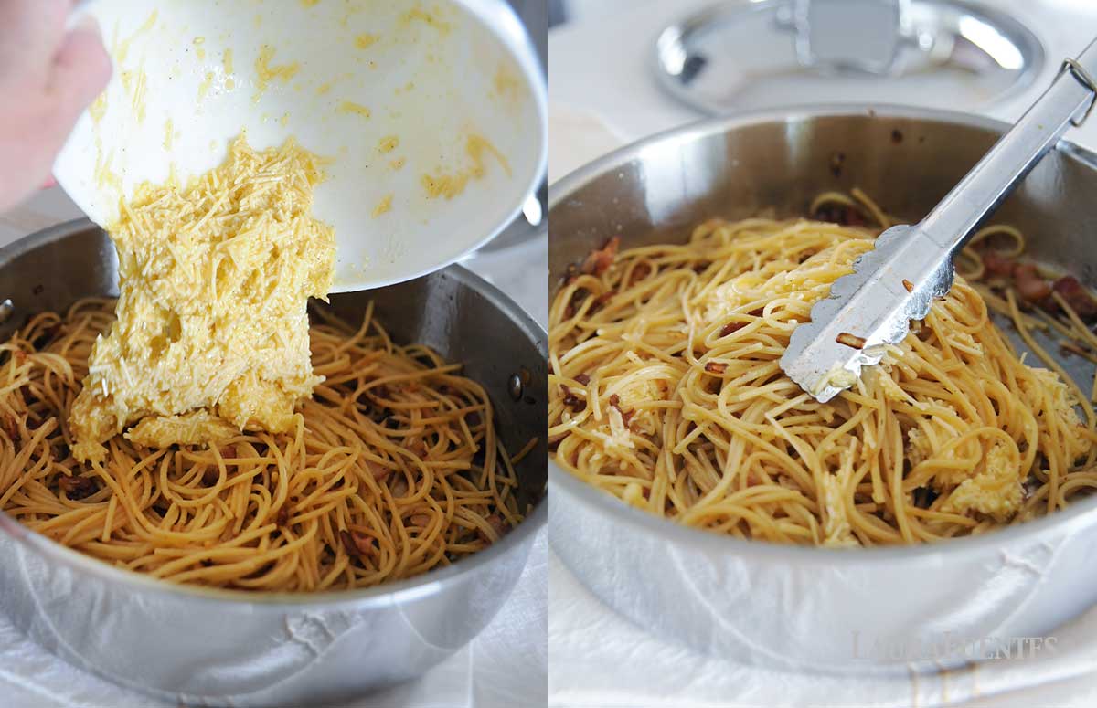 adding and stirring the egg mixture for carbonara sauce, into a large skillet of pasta