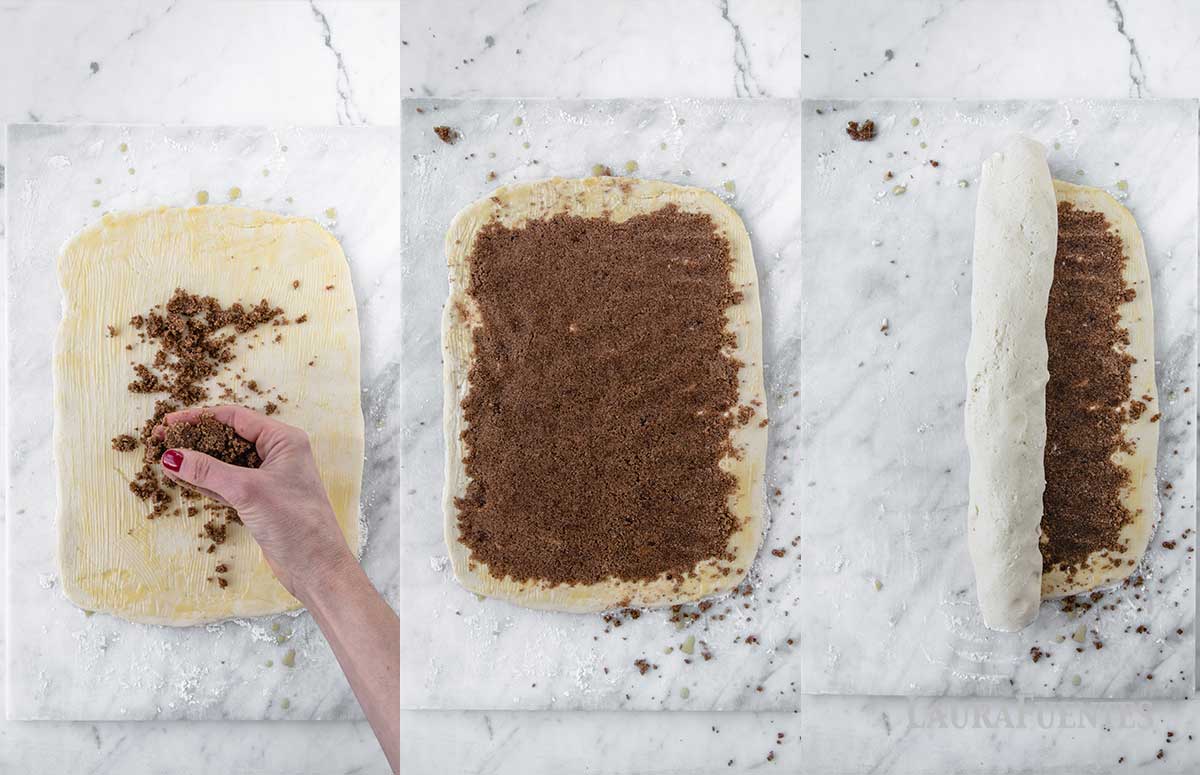side by side images of the making of the gluten free cinnamon rolls