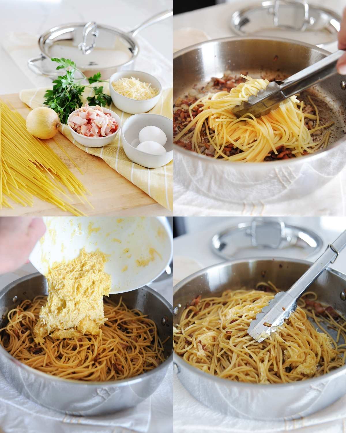 A four-photo collage showing steps for making a pasta carbonara. Top left: Uncooked spaghetti, onion, parsley, diced bacon, shredded cheese, and eggs arranged beside a stainless-steel pan.
Top right: Tongs add cooked spaghetti to a pan with browned bacon. Bottom left: A thick egg-cheese mixture is poured into the pan of spaghetti.
Bottom right: Spaghetti is tossed with tongs, coating it in the mixture.