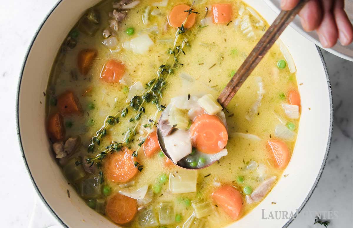 large soup pot filled with chicken stew