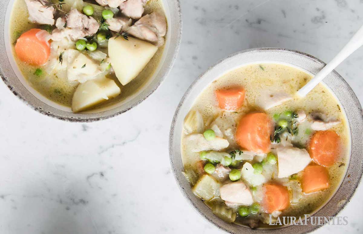 two large bowls of chicken stew