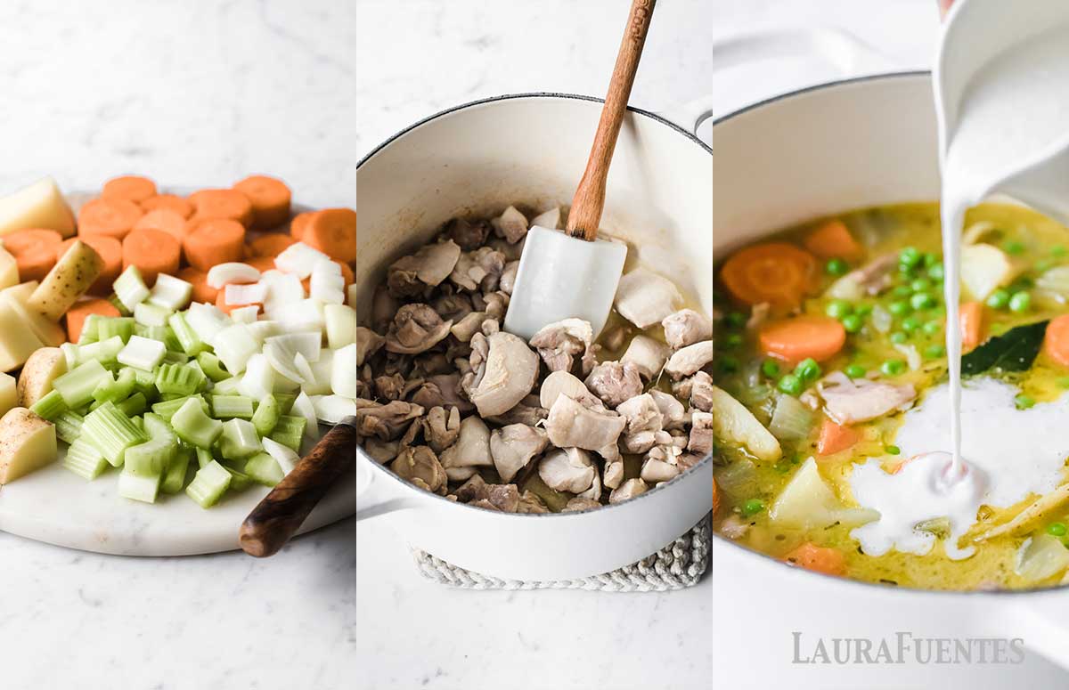 four step by step process images of making chicken stew