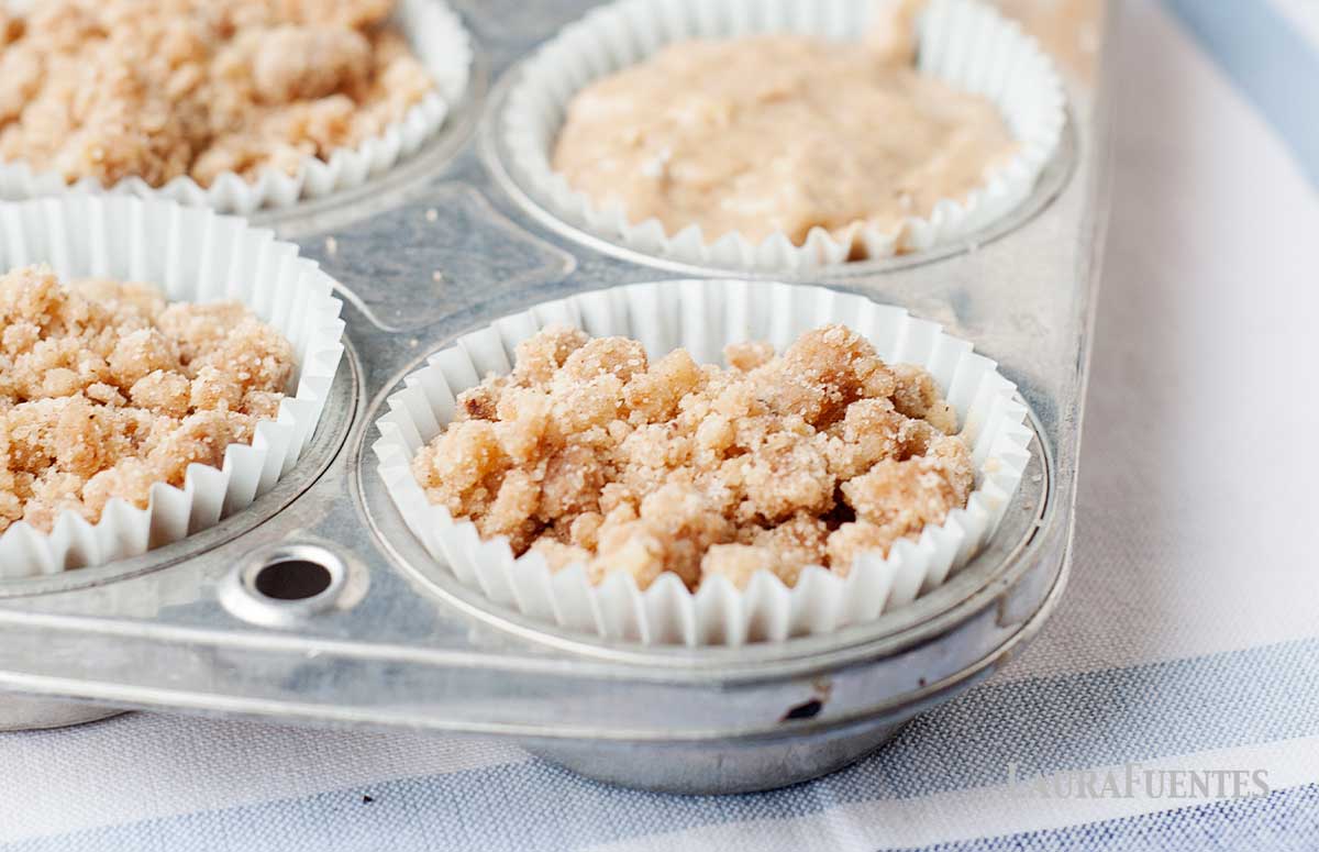 Coffee Cake muffin batter in a metal baking pan