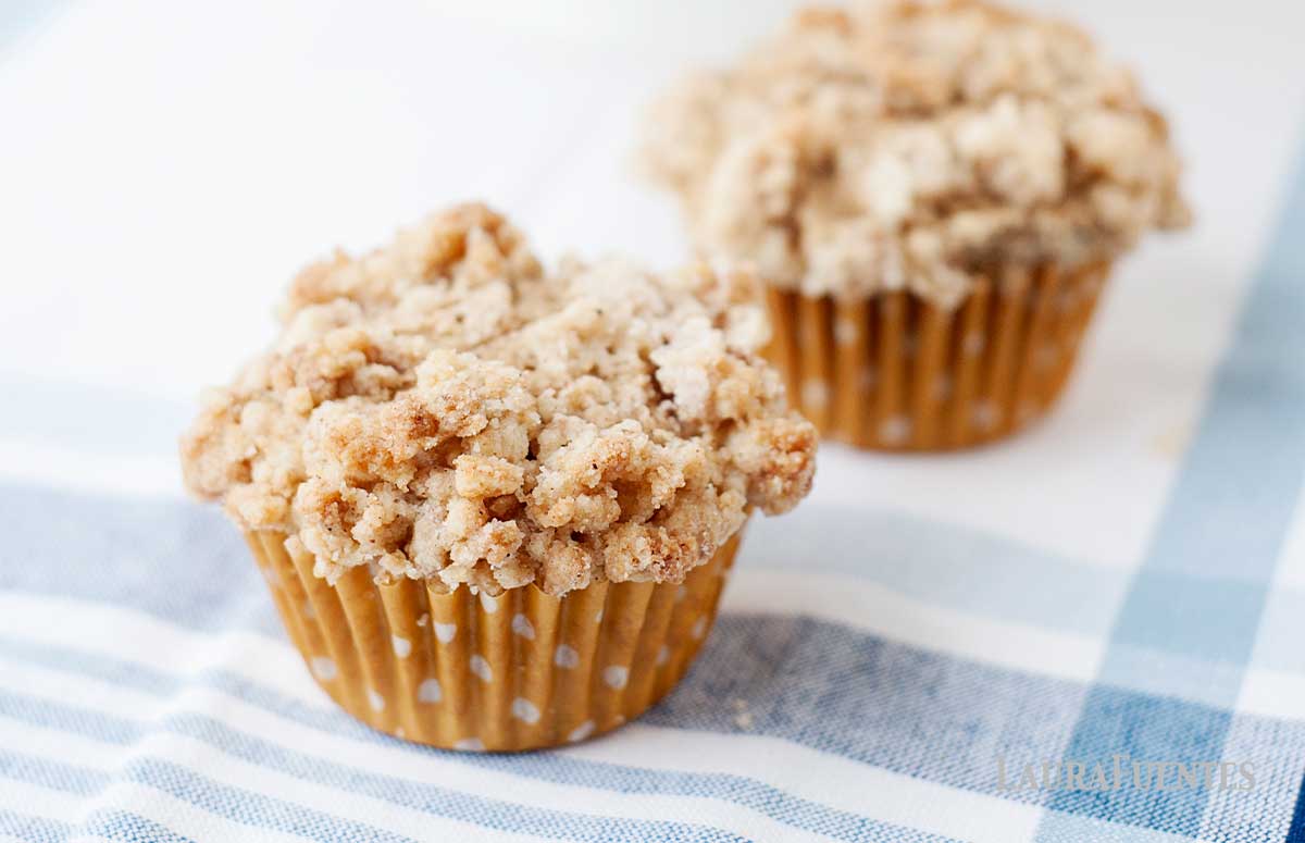 two coffee cake muffins on a kitchen towel
