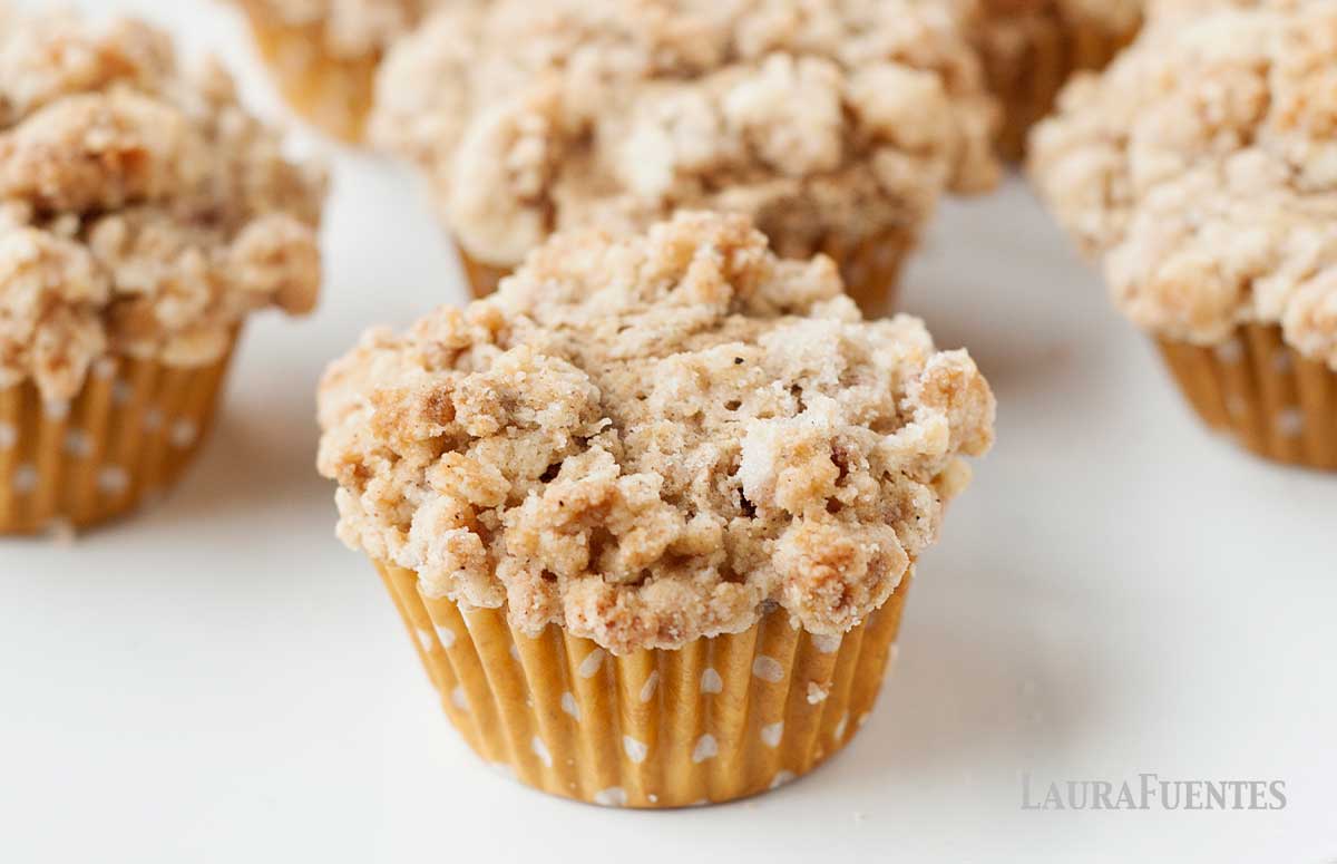 coffee cake muffins on a plate with more muffins in the background