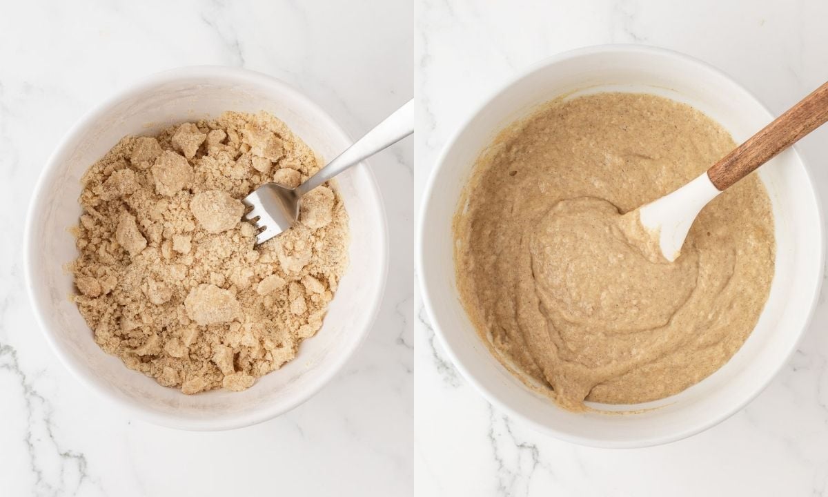 two image collage. on left cinnamon streusel crumble mixed in a bowl. on the right, the batter for coffee cake muffins in a bowl