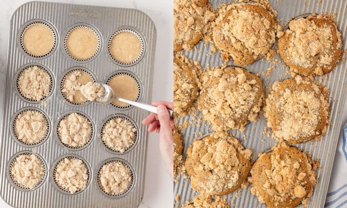 two image collage on left showing how to add the cinnamon crumb streusel topping is placed over the muffin batter before baking. On the right, the muffins after baking with golden tops