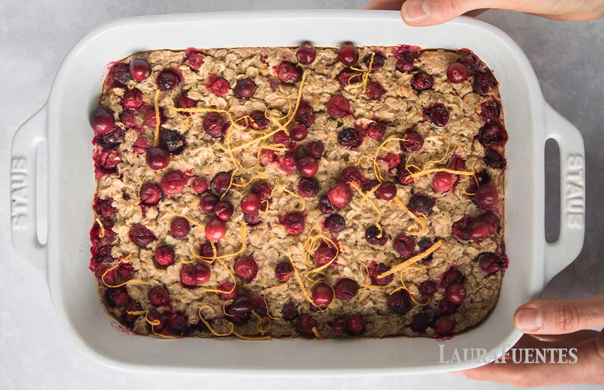 large baking dish of cranberry baked oatmeal