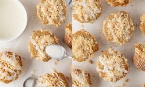 side by side image of glazing coffee cake muffins after they've cooled. On the right, overhead view of the glazed muffins