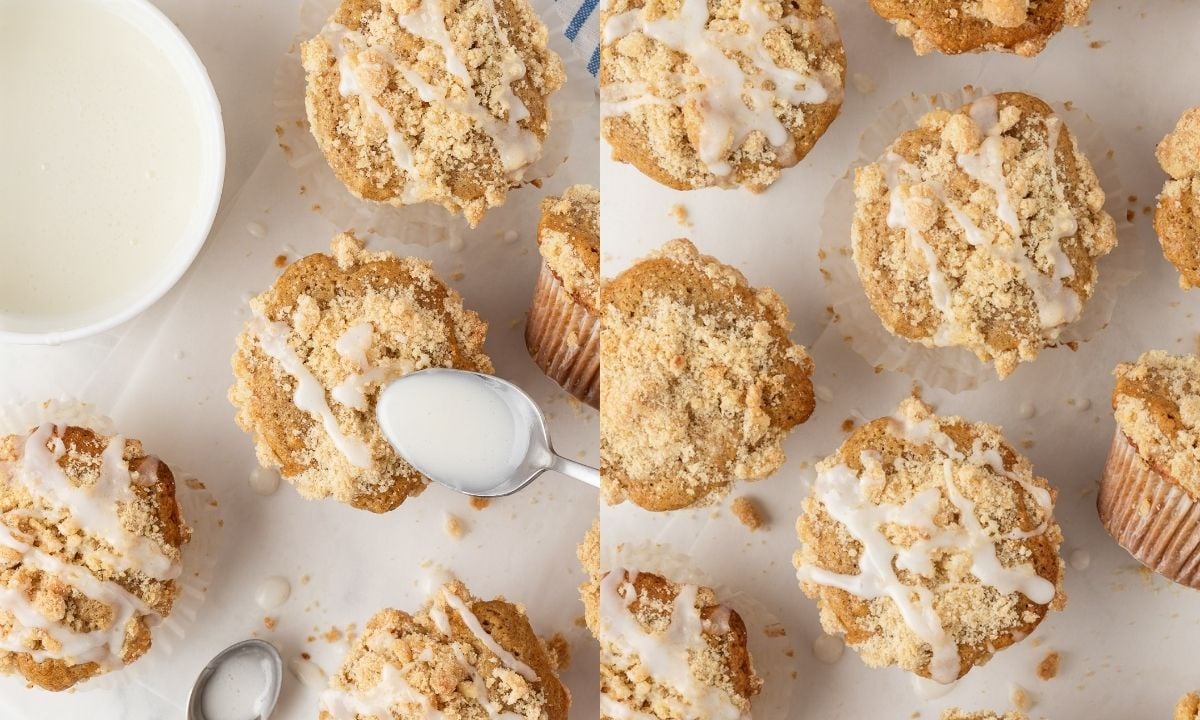 side by side image of glazing coffee cake muffins after they've cooled. On the right, overhead view of the glazed muffins