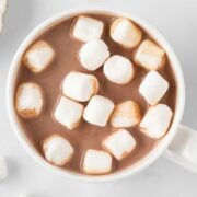 overhead view of a cup of homemade hot cocoa topped with mini marshmallows