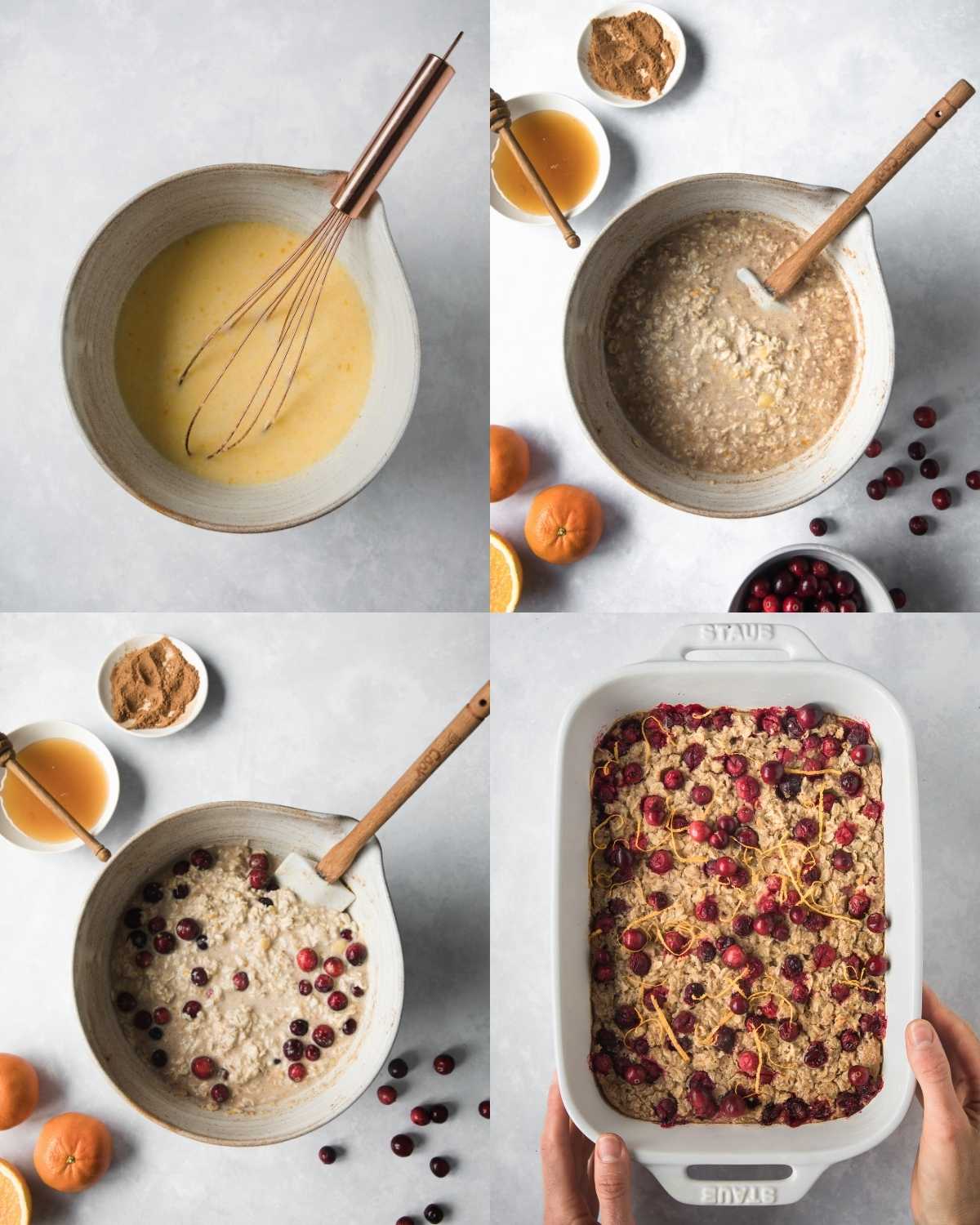 Top left: bowl with whisk mixing a yellow wet mixture. Top right: bowl of oats mixture with spices, oranges and cranberries nearby. Bottom left: oats mixture with fresh cranberries stirred in.
Bottom right: baked cranberry orange oatmeal in a white baking dish.