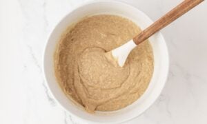 overhead view of coffee cake muffin batter in a bowl